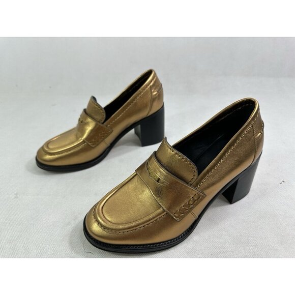 Veronica Beard Metallic Penny Loafer Block Heel Dark Gold Leather Womens 7 - Picture 4 of 9